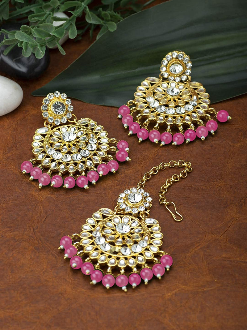 ZAVERI PEARLS Pink Purple Stones Beads Traditional Kundan Earring &  Maangtikka Set For Women-ZPFK15455 : Amazon.in: Fashion